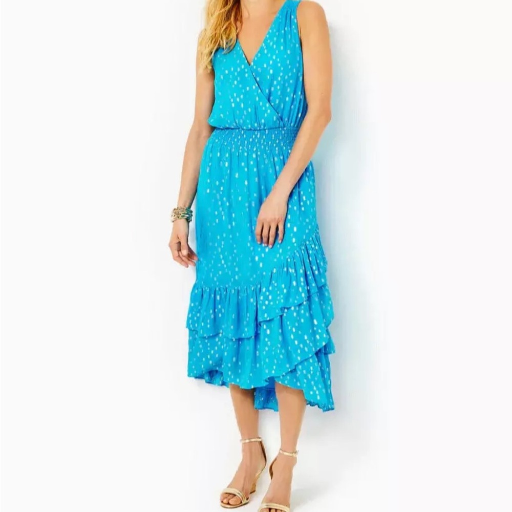 NWT Lilly Pulitzer Valeri Midi Dress Stretch Waist Flared Ruffled Sleeveless 0